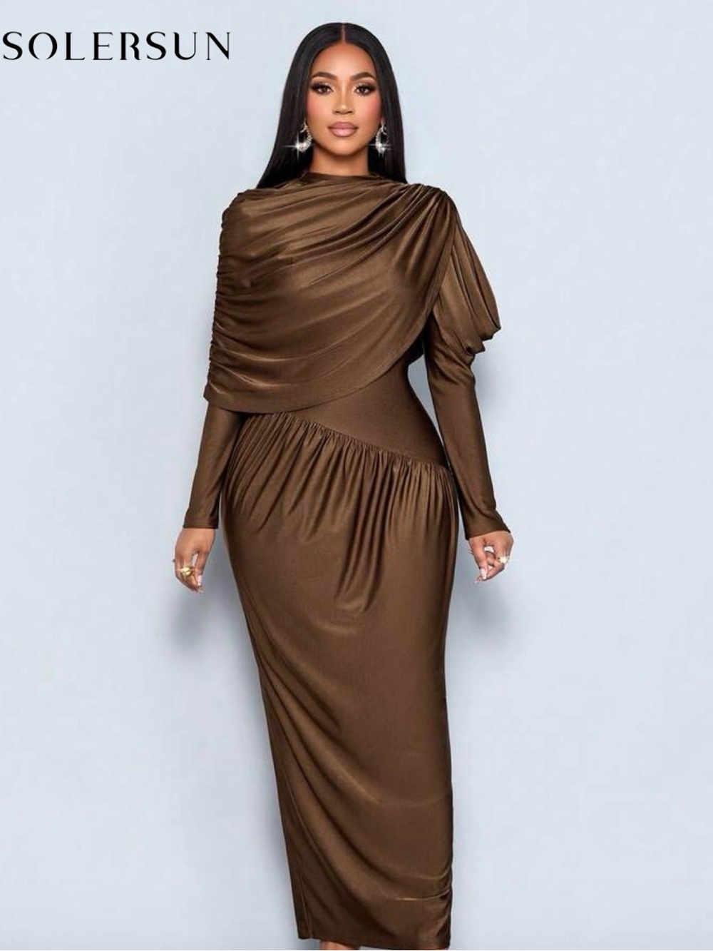 SHEIN Brown Draped Back Long Sleeve Maxi Dress